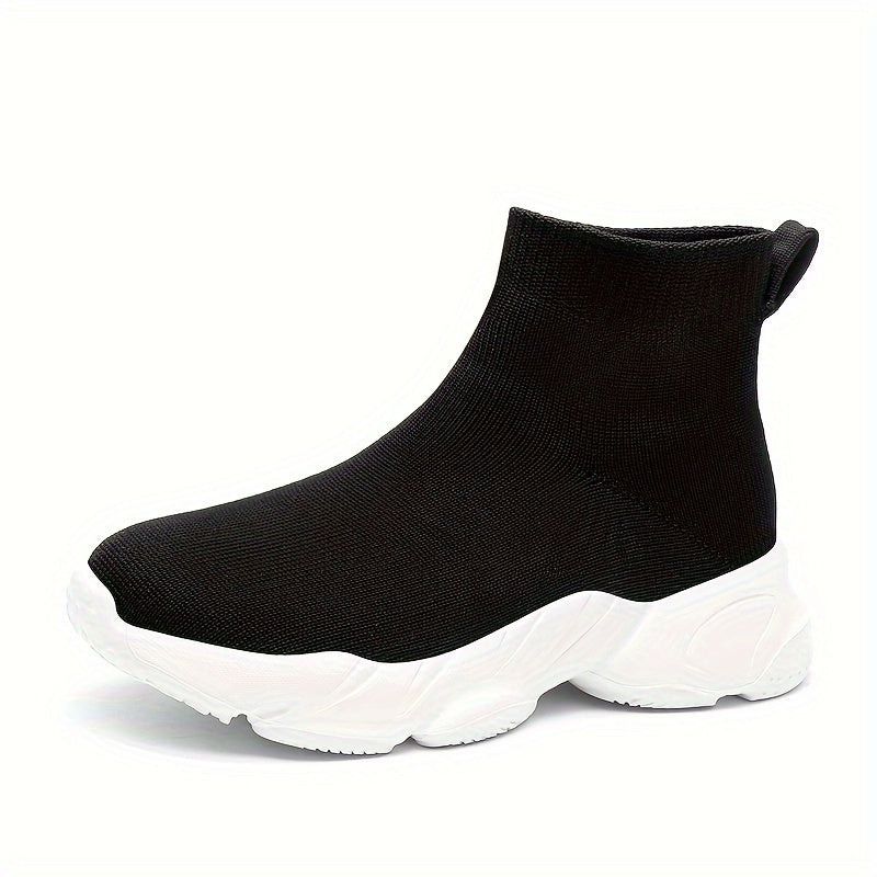 Zapatillas altas para mujer de color sólido, zapatillas slip-on de punto, cómodas y elásticas