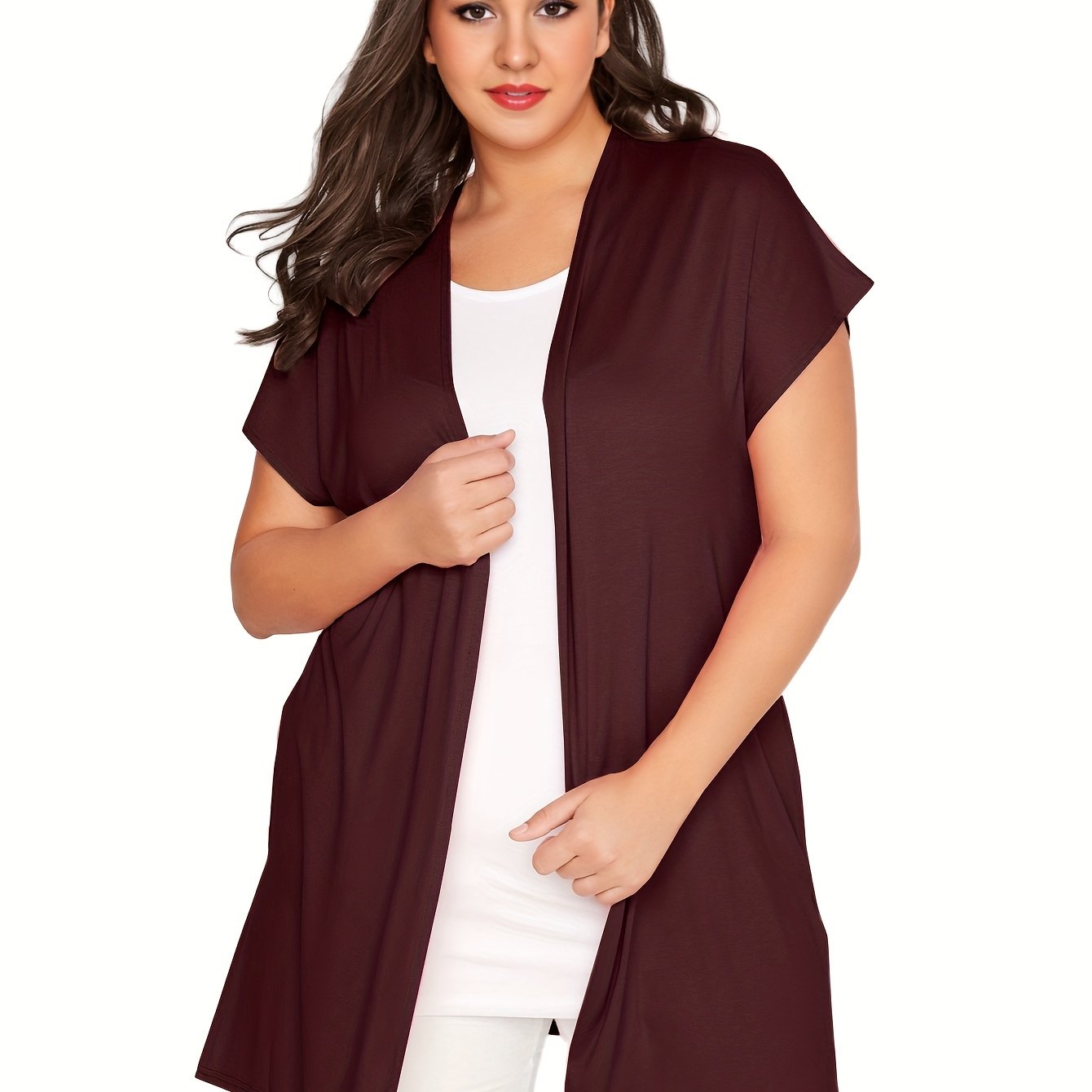 Plus o'lchamdagi ayollar uchun kundalik kardigan qisqa qo'lli va yon bo'laklar bilan