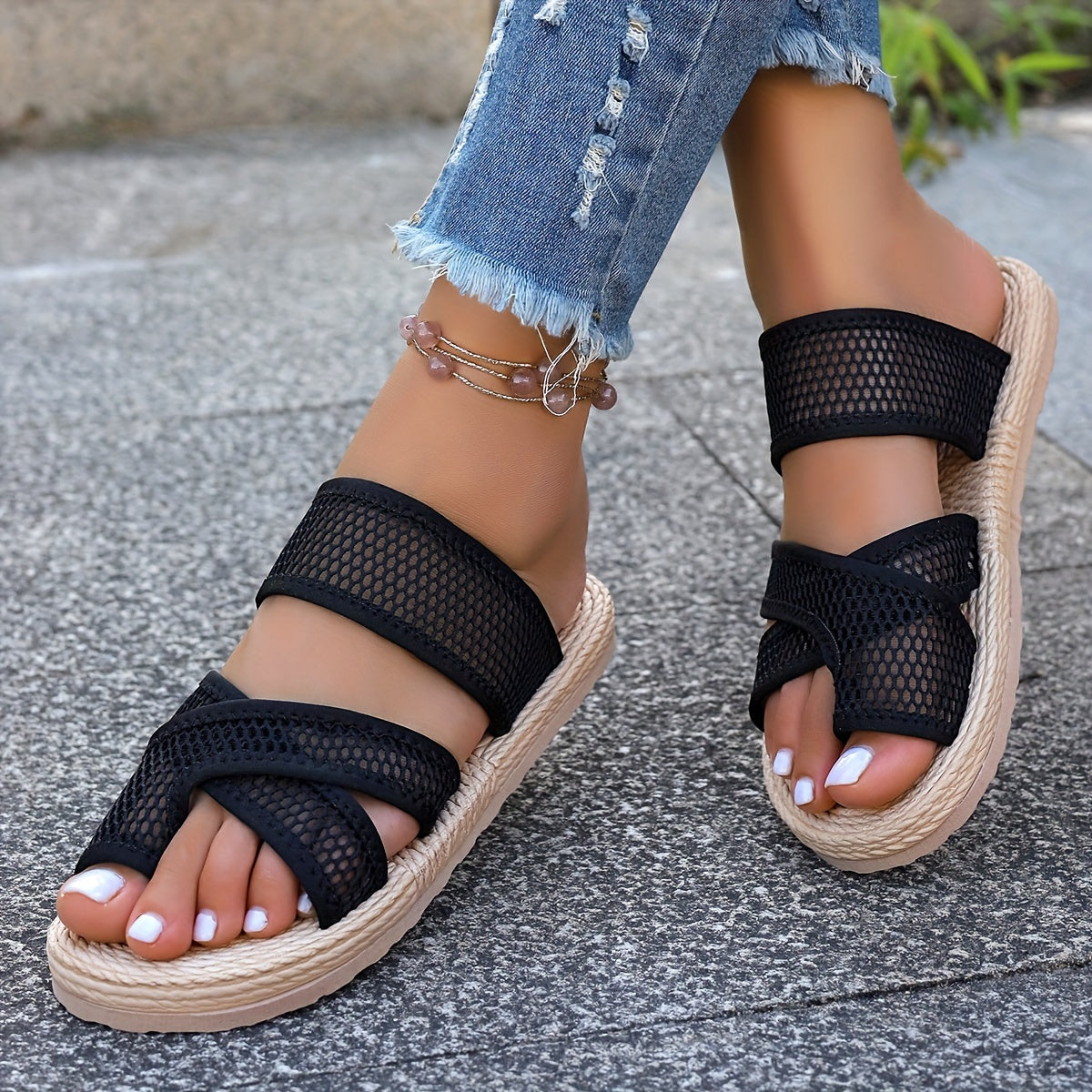 Women's Summer Mesh Slip-On Sandals with Toe Loop and EVA Sole