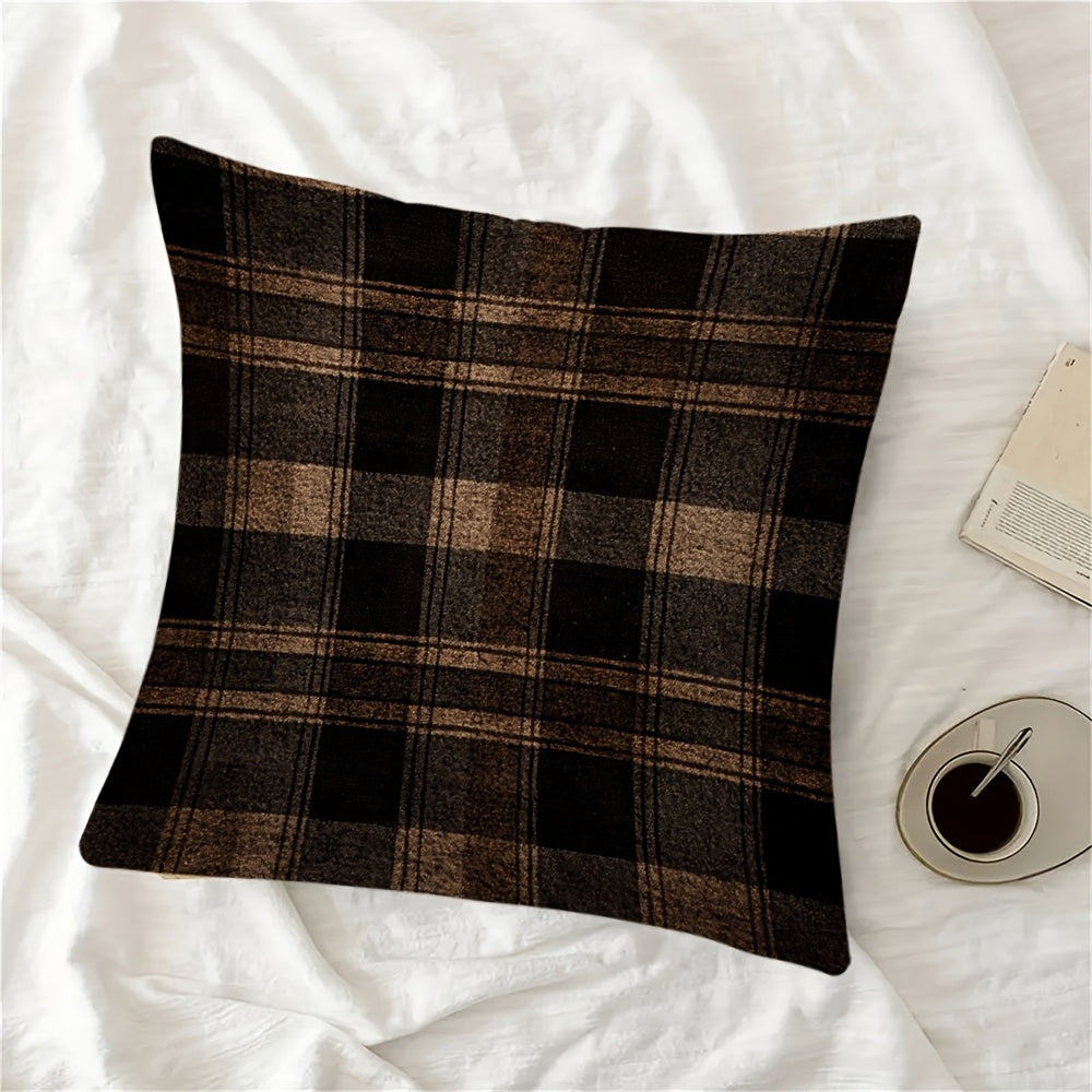 Dark Brown Plaid Pillow Cover with Hidden Zipper Polyester Fabric for Sofa and Chair