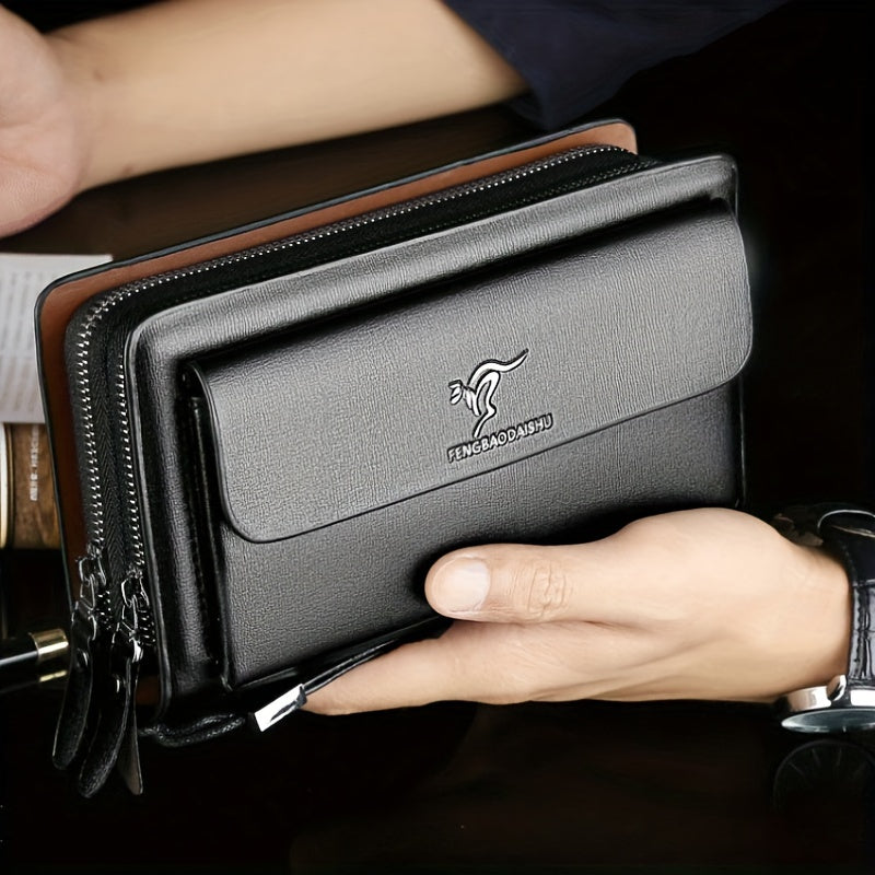 Men's Faux Leather Multi-Layer Business Handbag with Flap Phone Clutch and Card Slots