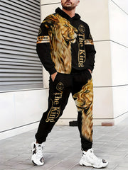 Men's Lion Print Hoodie and Sweatpants Set Polyester Knit Casual Regular Fit