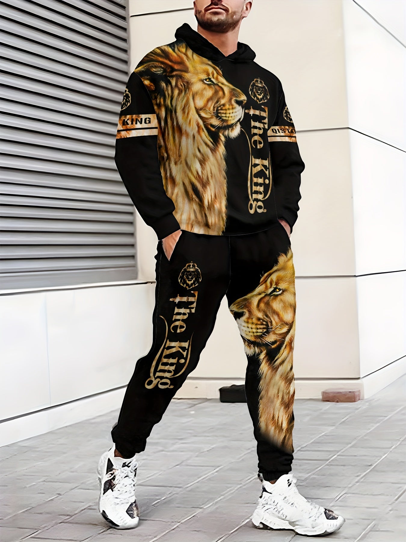 Men's Lion Print Hoodie and Sweatpants Set Polyester Knit Casual Regular Fit