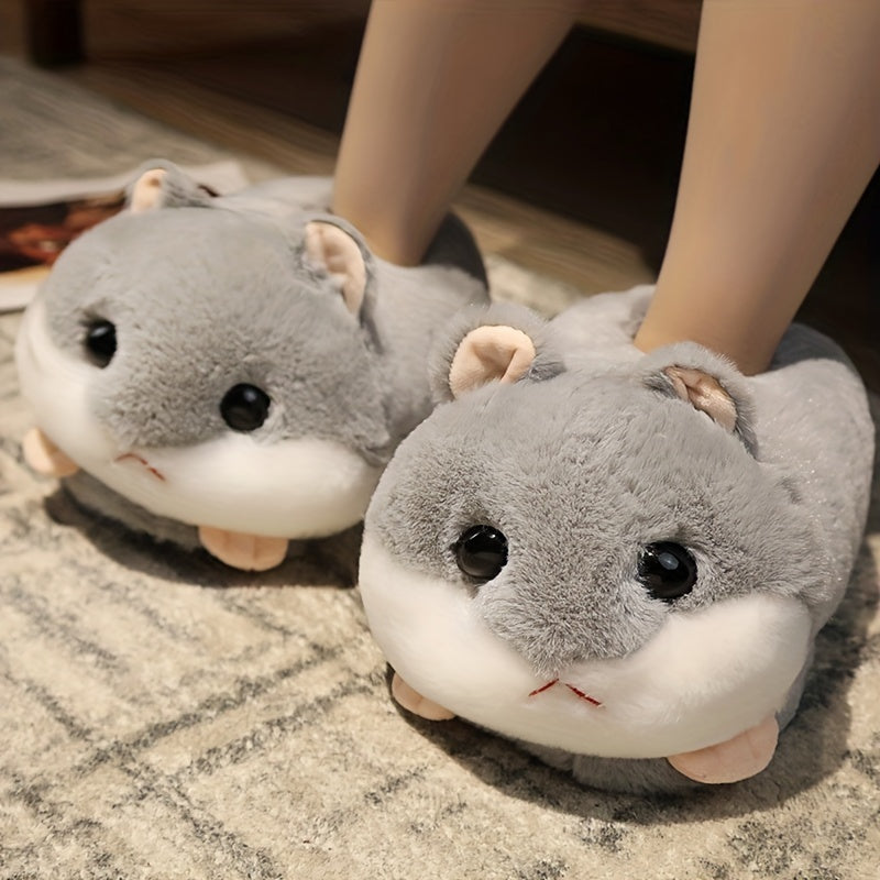 Women's Plush Hamster Slippers Non-Slip Indoor House Shoes Pink Grey Beige