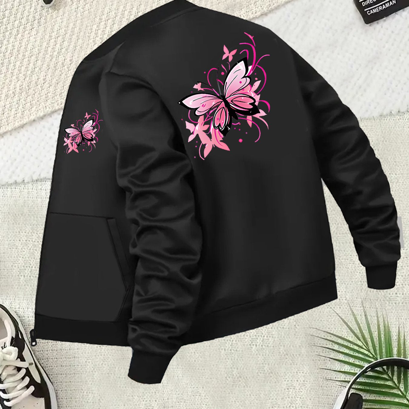 Plus Size Women's Floral Print Baseball Collar Jacket Long Sleeve Zip-Up Coat