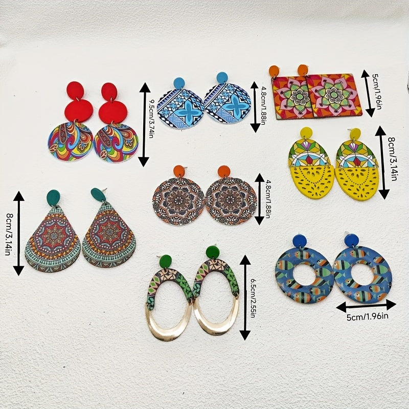 Women's Bohemian Wooden Drop and Geometric Earrings with Colorful Prints