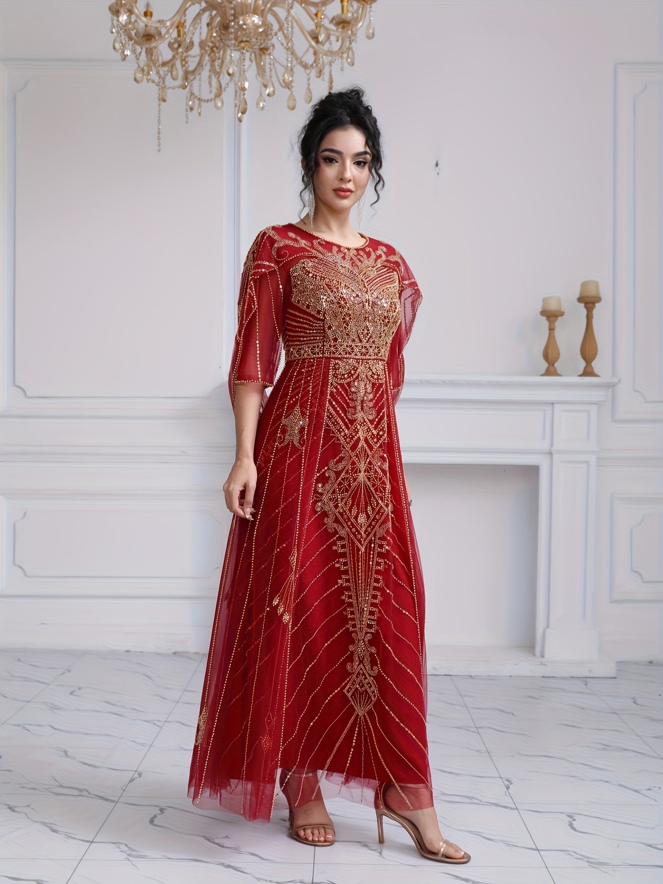 Women's Sequin Beaded Embroidery Evening Dress Fitted Bodice Wedding Gown