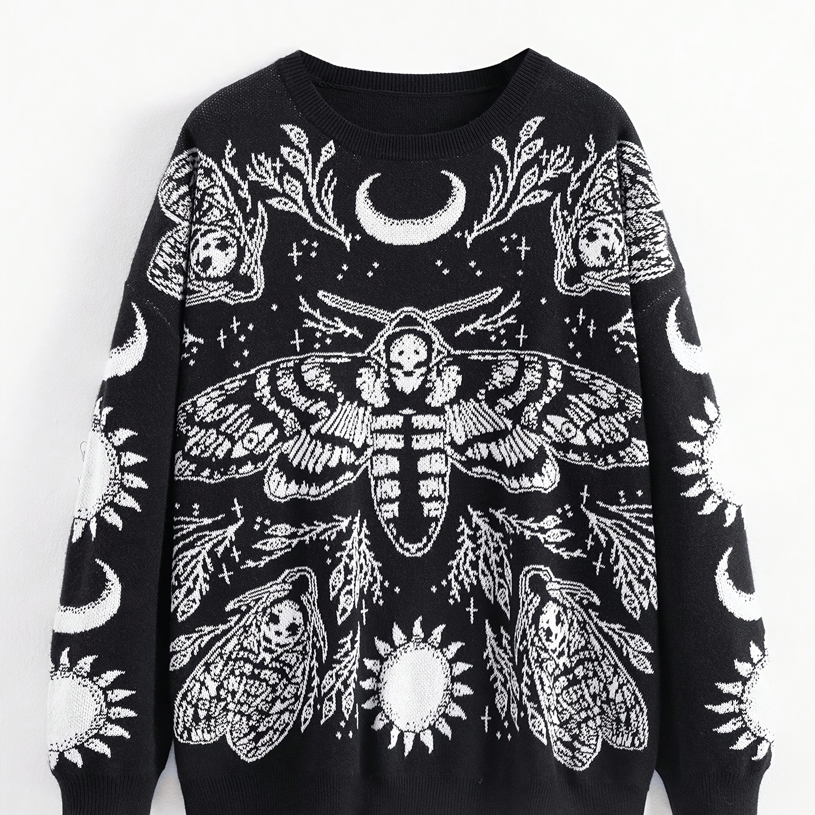 Women's Plus Size Gothic Boho Sweater Long Sleeve Black and White Fall Winter Tops