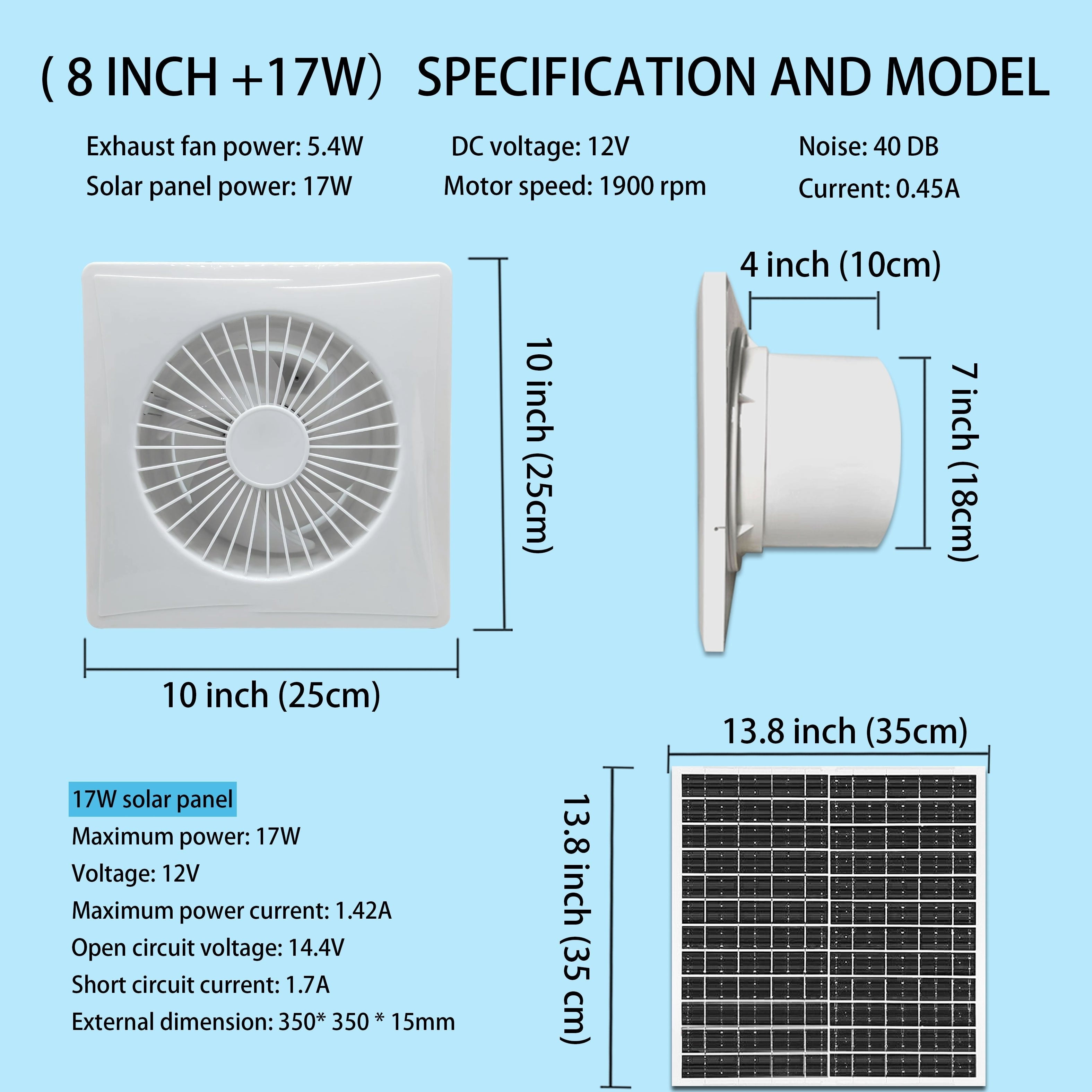 Solar Powered Exhaust Fan 17W Quiet Low Noise High-Efficiency for Home Greenhouse