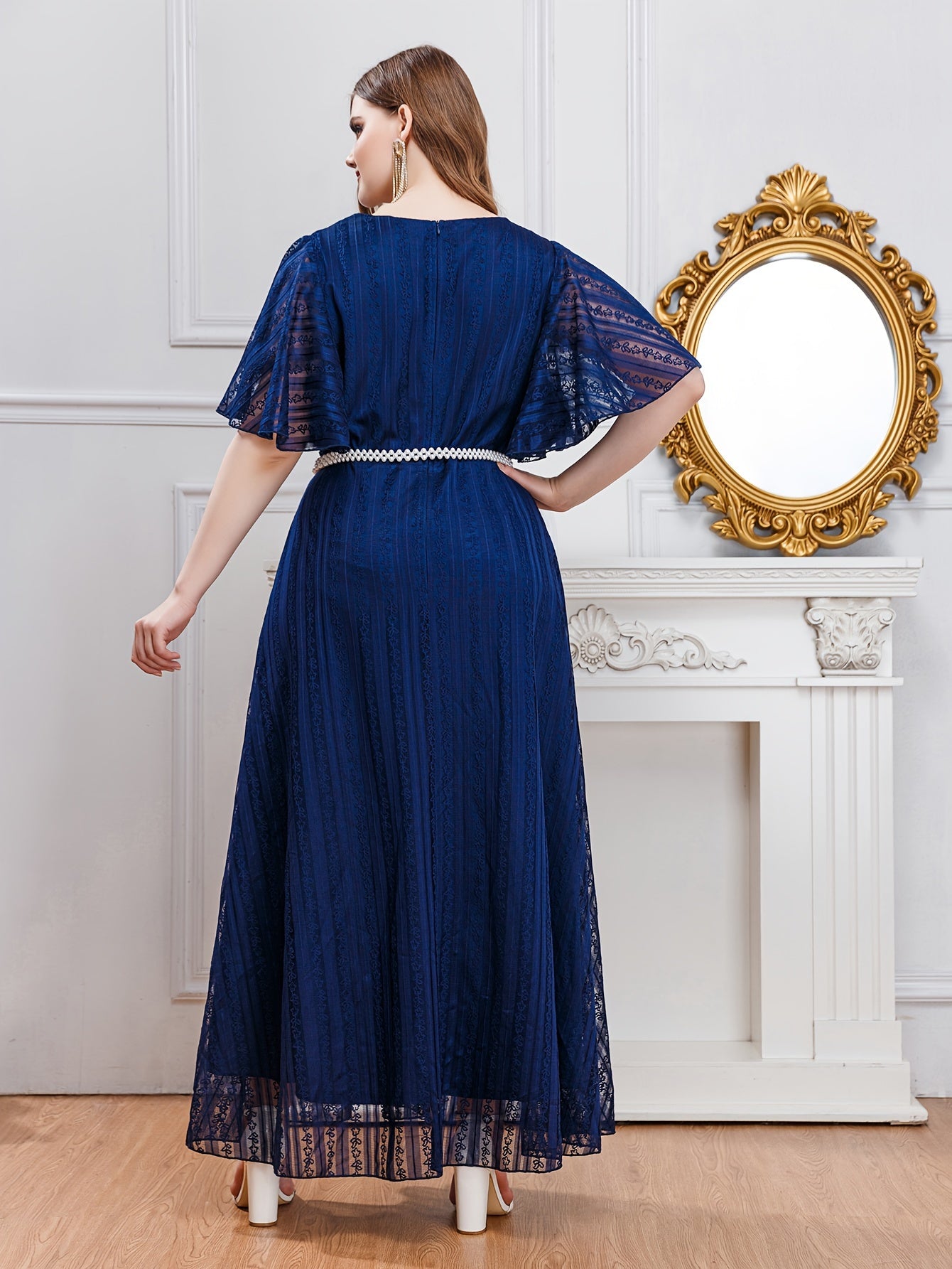 Plus Size Women's Polyester Evening Gown V-Neck Ruffles Pearl Belt