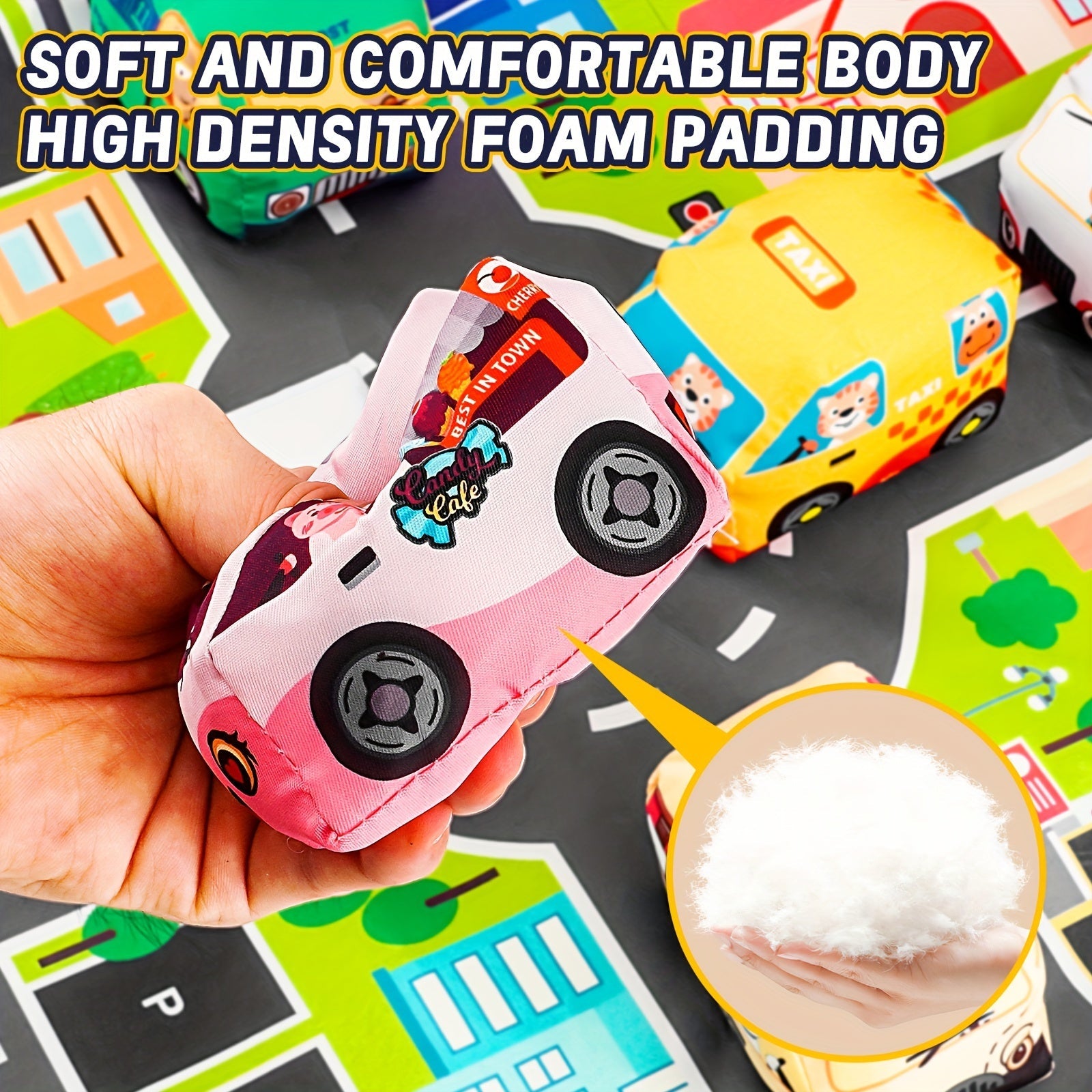 6 ta yumshoq o'yin mashinalari to'plami, o'yin matosi va saqlash sumkasi bilan - 1 yoshli bolalar uchun tug'ilgan kunlar, Halloween yoki Rojdestvo uchun ideal sovg'a