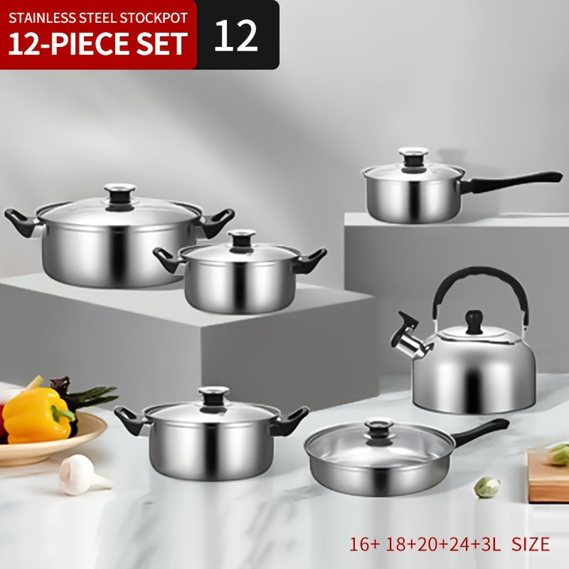 12-Piece Stainless Steel Cookware Set with Soup Pots Milk Pots and Kettle Natural Wood Grain Finish