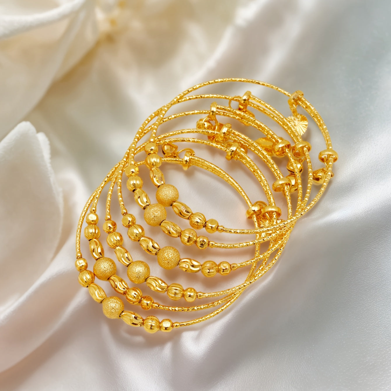Beaded Gold-Tone Adjustable Bracelets Set of 6 for Women Bridal Wedding Daily Wear