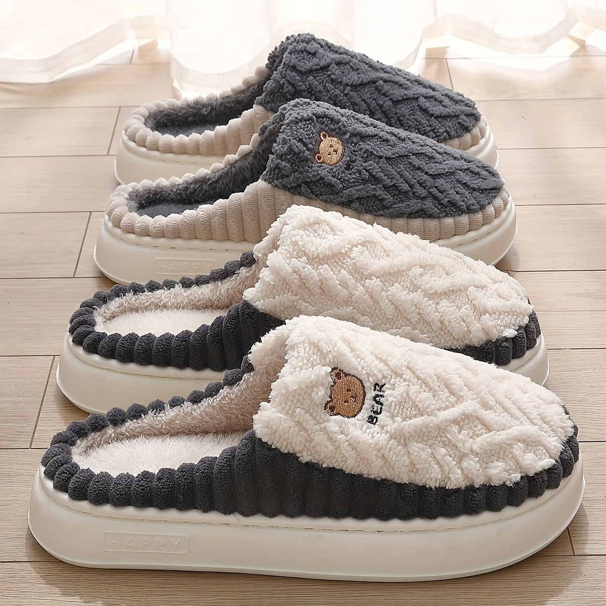 Unisex Plush Slippers Warm Indoor Winter Shoes Thick Sole Soft Lining