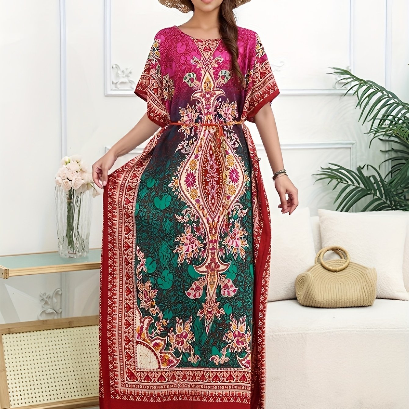 Vestido caftán de tallas grandes para mujer Ramdan con estampado geométrico vibrante, corte suelto y túnica