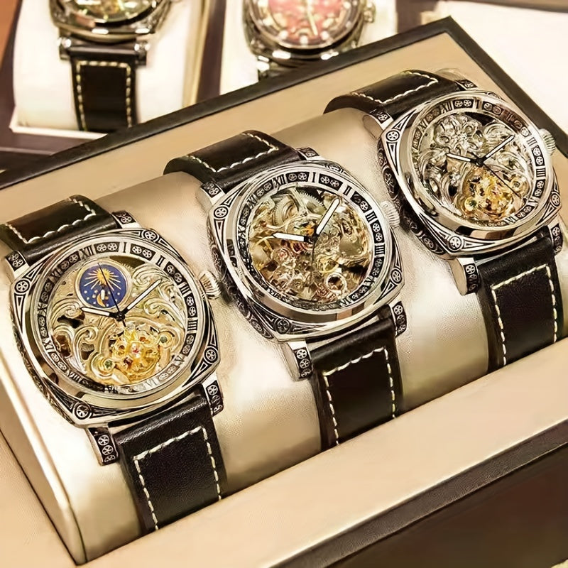 Men's Silver Retro Hollow-Out Automatic Mechanical Watch Business Style