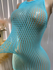 Women Sexy Fishnet Bodycon Dress Turquoise Hollow-Out Swimsuit