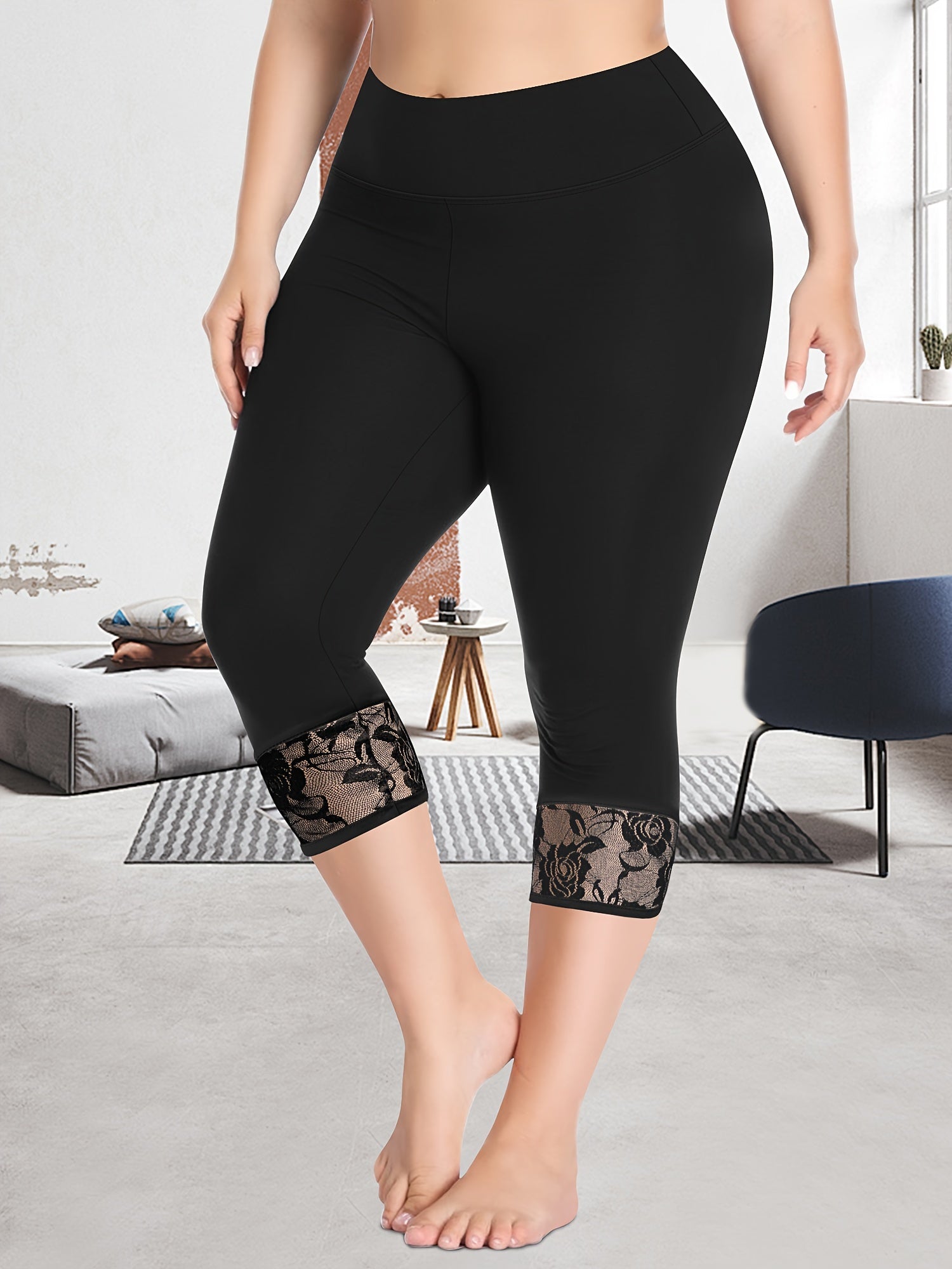 Women's Plus Size Floral Lace Trim Capris Cropped Leggings Summer Tights