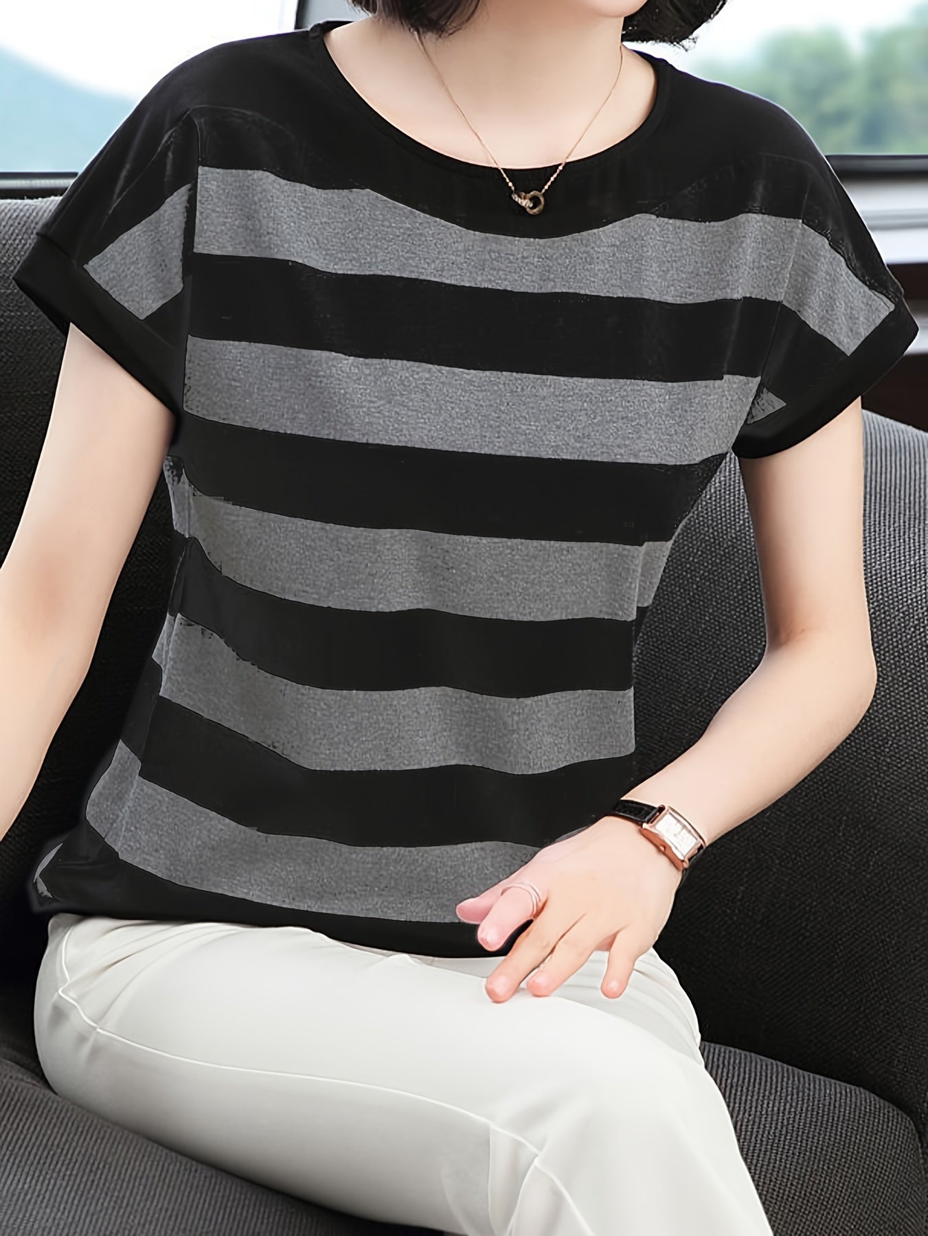 Women's Striped Crew Neck T-Shirt with Cap Sleeves for Spring and Summer