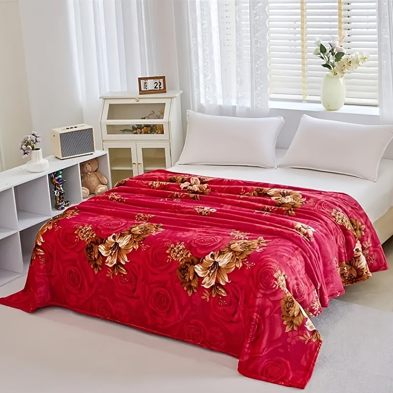 Red Flannel Bed Blanket with Woven Peony Pattern Polyester All-Season Comfort