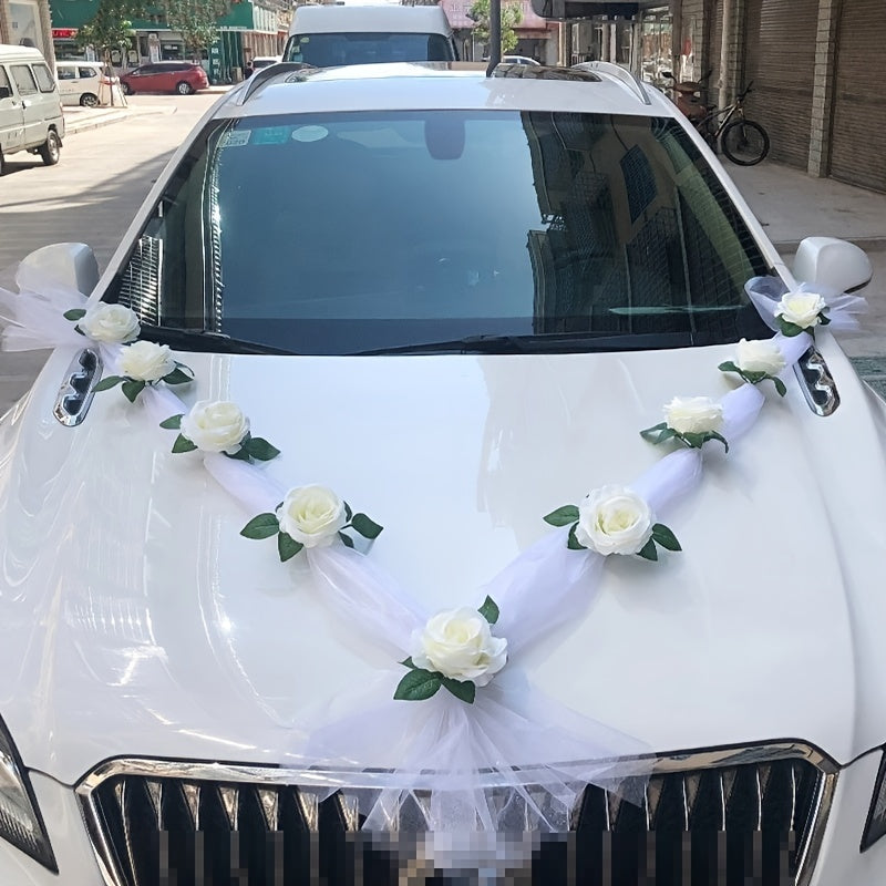 Guirnalda de techo de coche White Rose con cintas para manijas de puerta 120cm Decoración de boda