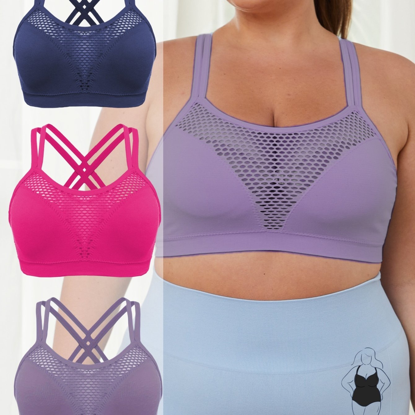 Plus Size Women's Cross-Back Sports Bras Mesh Panel Breathable Workout Set