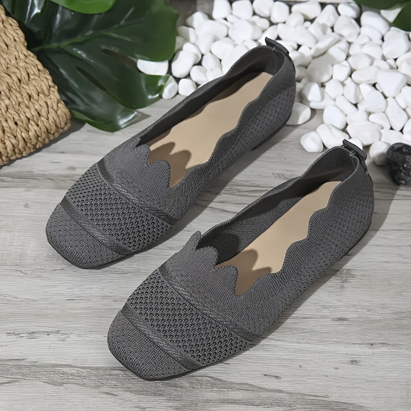 Zapatos planos casuales de punto con cordones y punta cuadrada negras para mujer