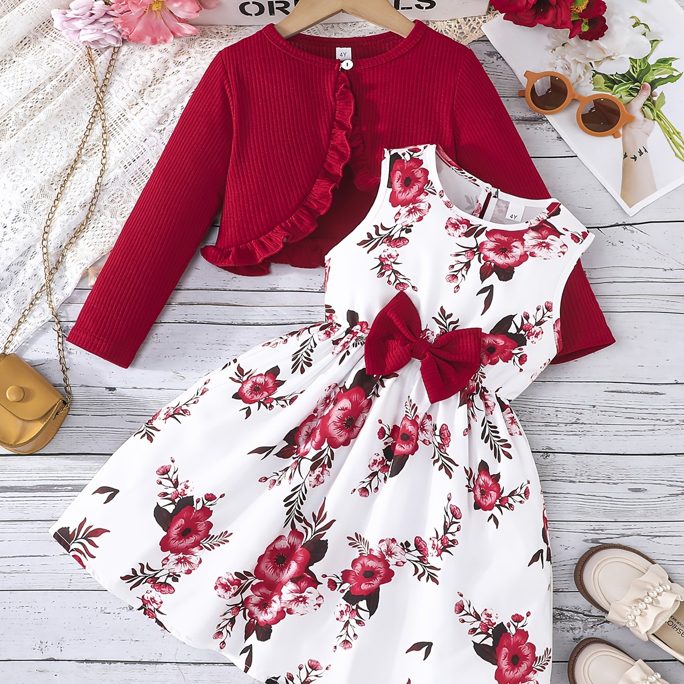 Girls' 2-Piece Floral Sundress and Ruffle Cardigan Outfit for Spring Fall Casual