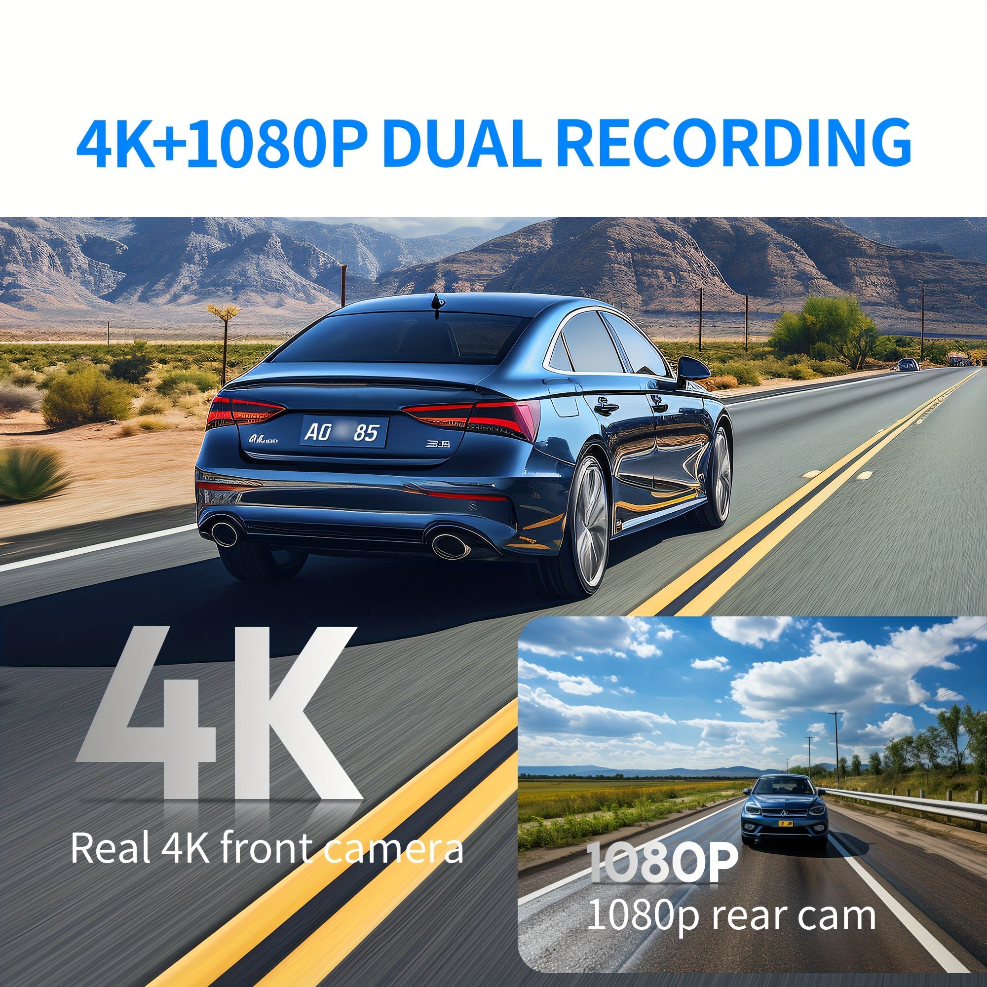 4K Dual Dash Cam Front and Rear WiFi Night Vision GPS Loop Recording 64GB