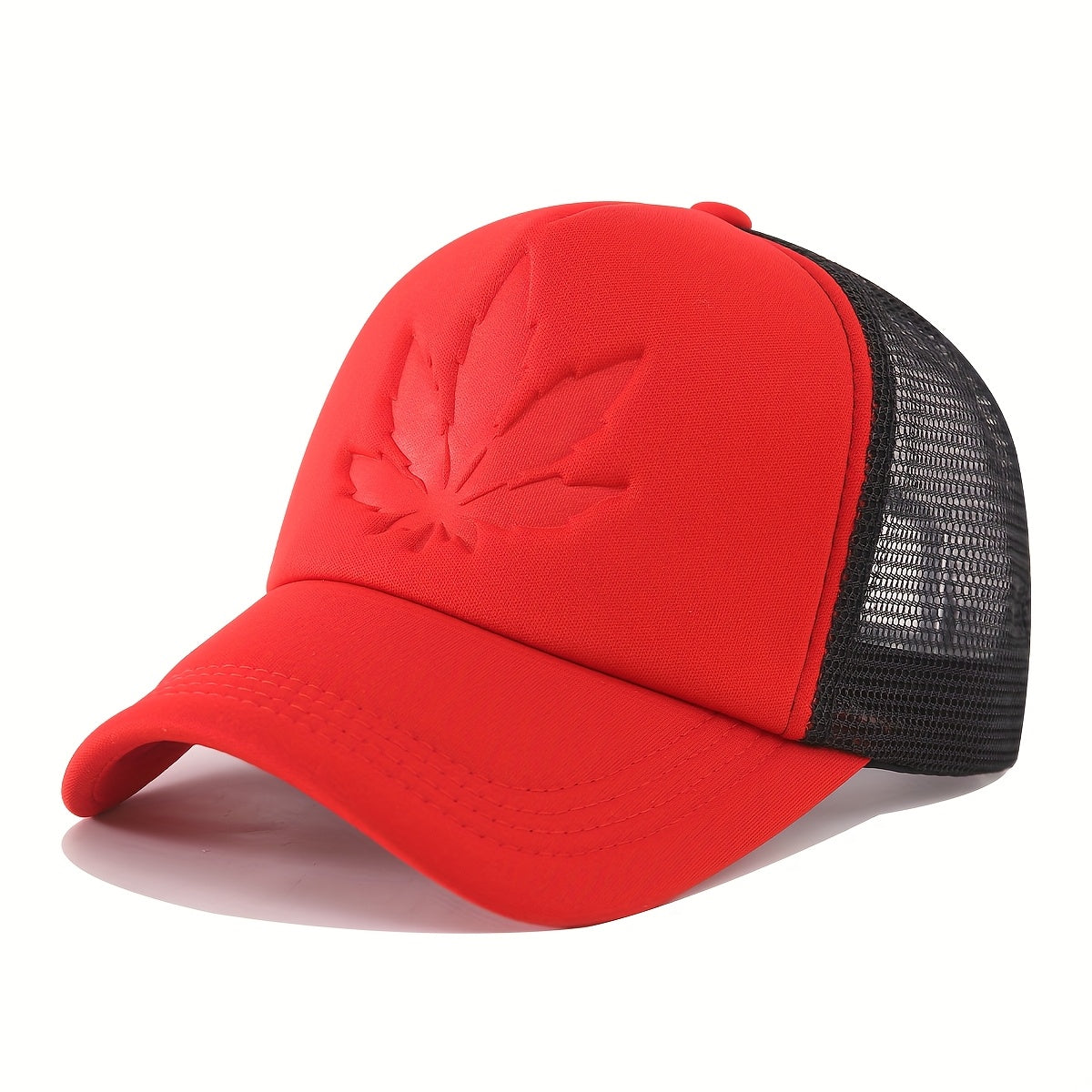 Maple Leaf Embossed Baseball Cap Breathable Mesh Back Polyester Casual Outdoor Sports Black Blue Red