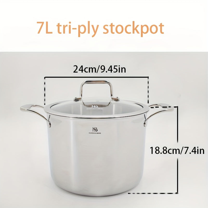 7L Stainless Steel Stockpot with Glass Lid, Deep Cooking Pot for Gas Induction Electric Stovetops