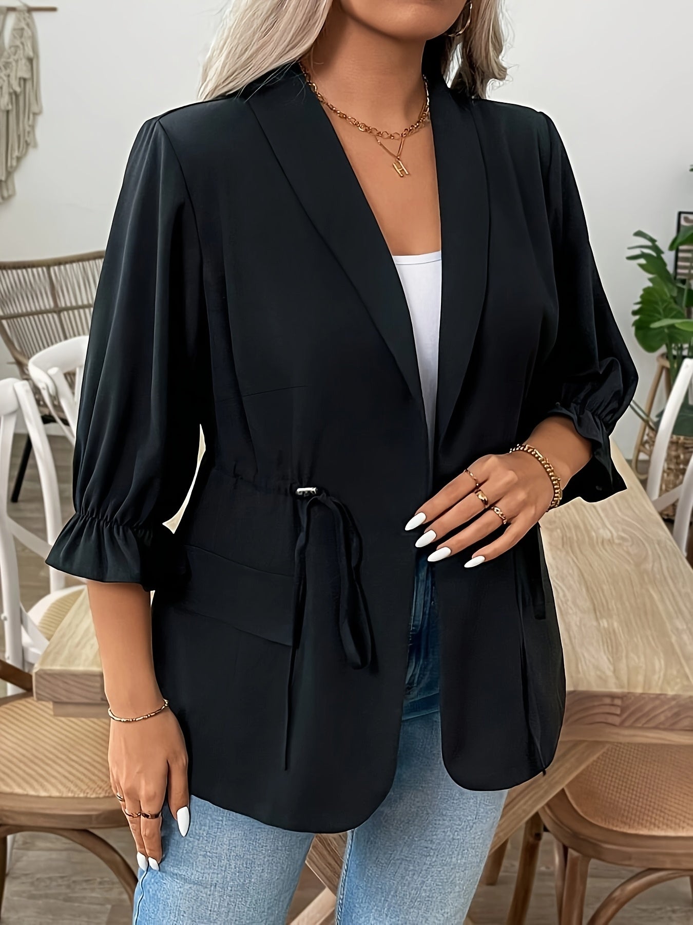 Women's Plus Size Slim Fit Blazer with Pockets Black All-Season Outerwear
