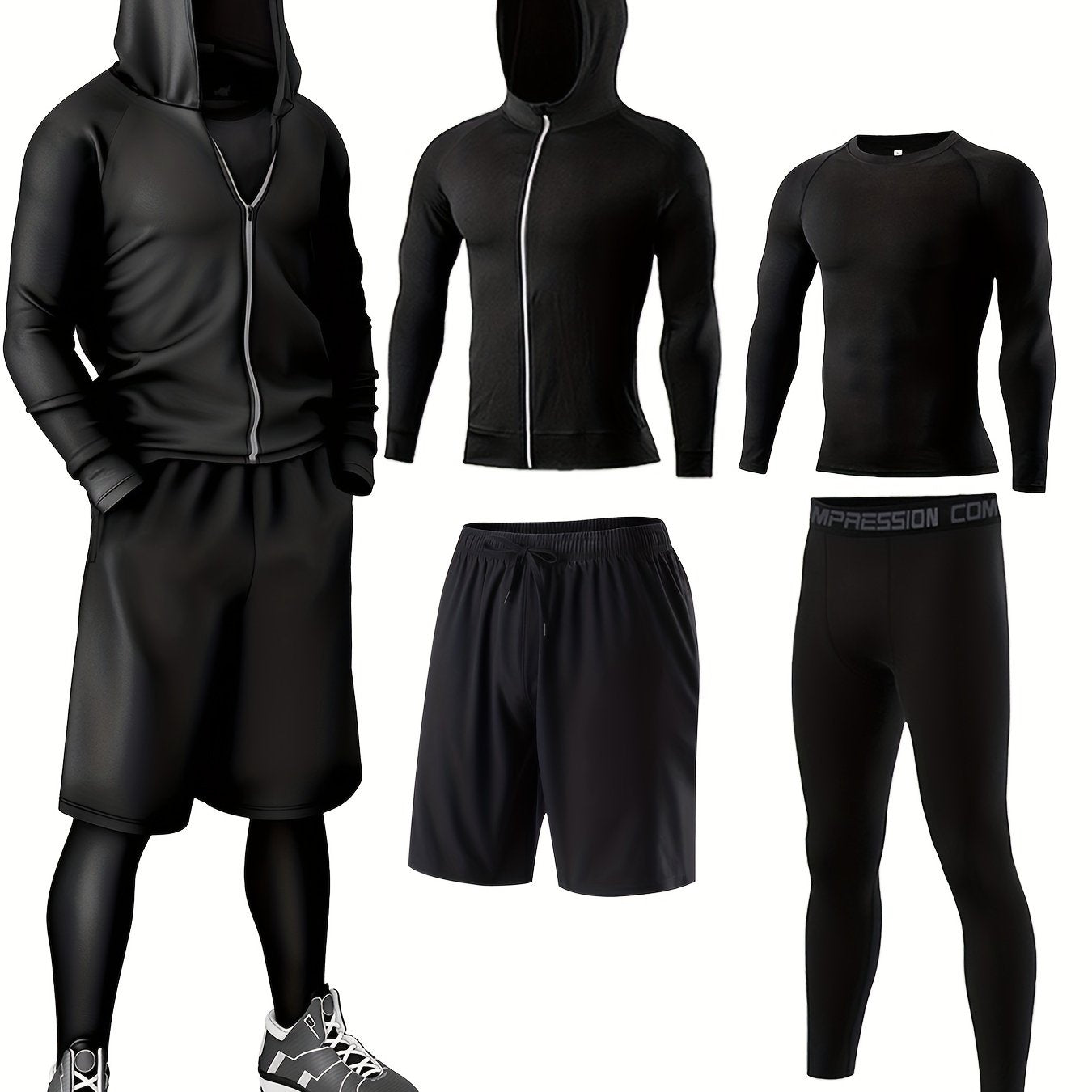 Men's Athletic Sportswear Set Crew Neck Hoodie Shorts Leggings Breathable Quick-Dry Polyester Elastane