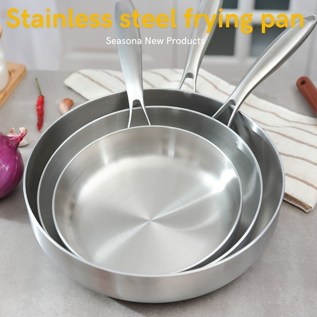 Stainless Steel Uncoated Flat-Bottom Frying Pan with High Edge Multiple Sizes