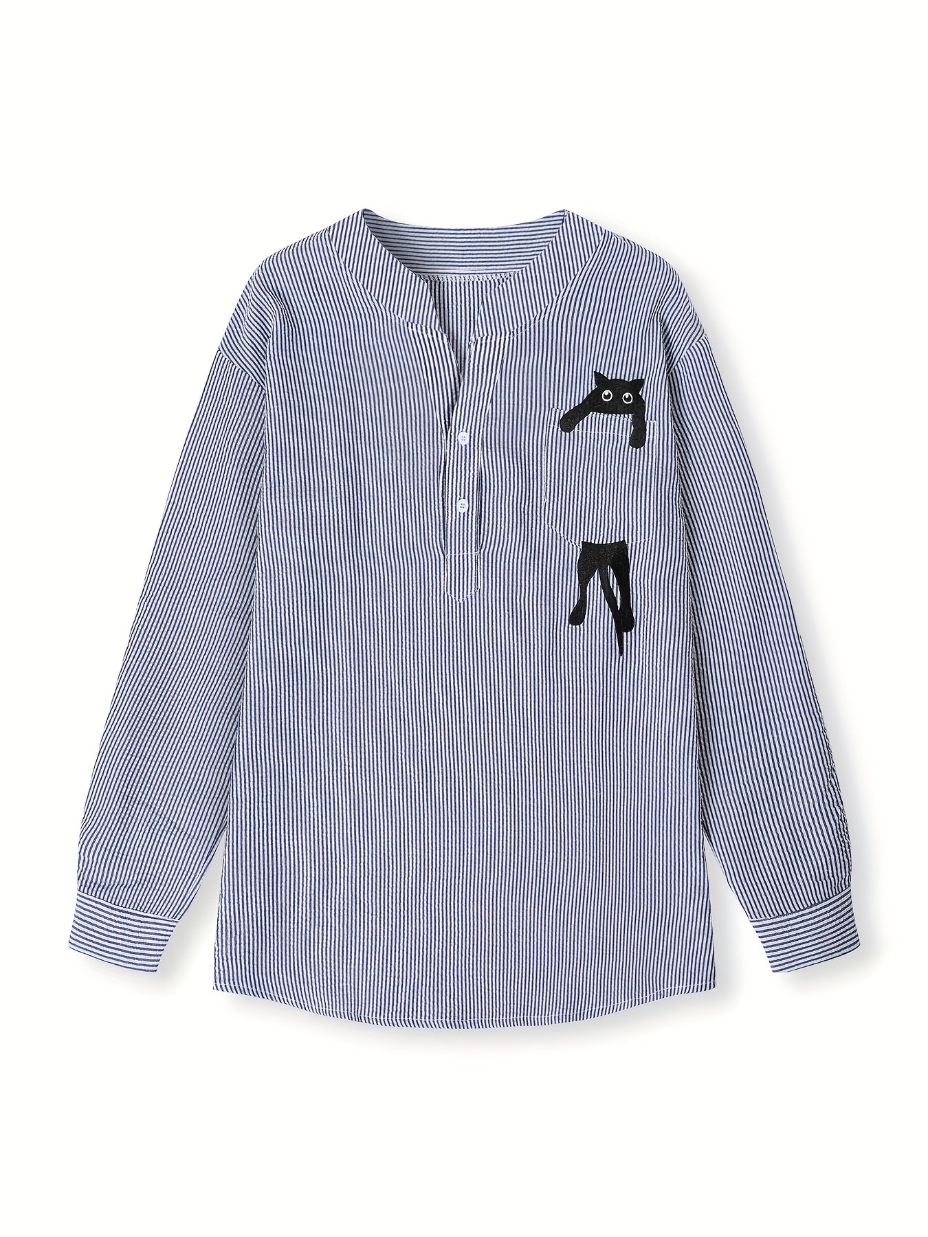 Plus Size Women's Casual Shirt with Cat and Bow Pocket Long Sleeve Striped Pullover