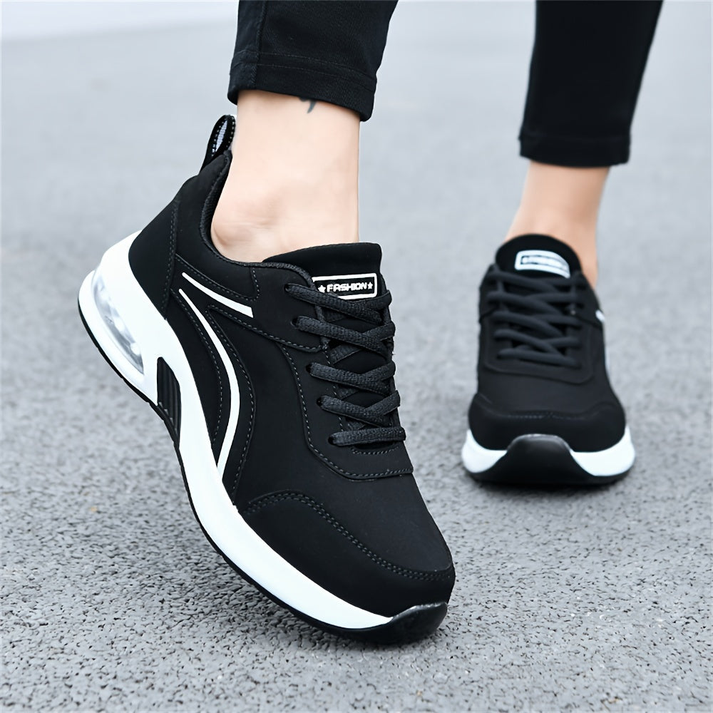 Women's Black Synthetic Leather Casual Sneakers with Air Cushion Support for All Seasons
