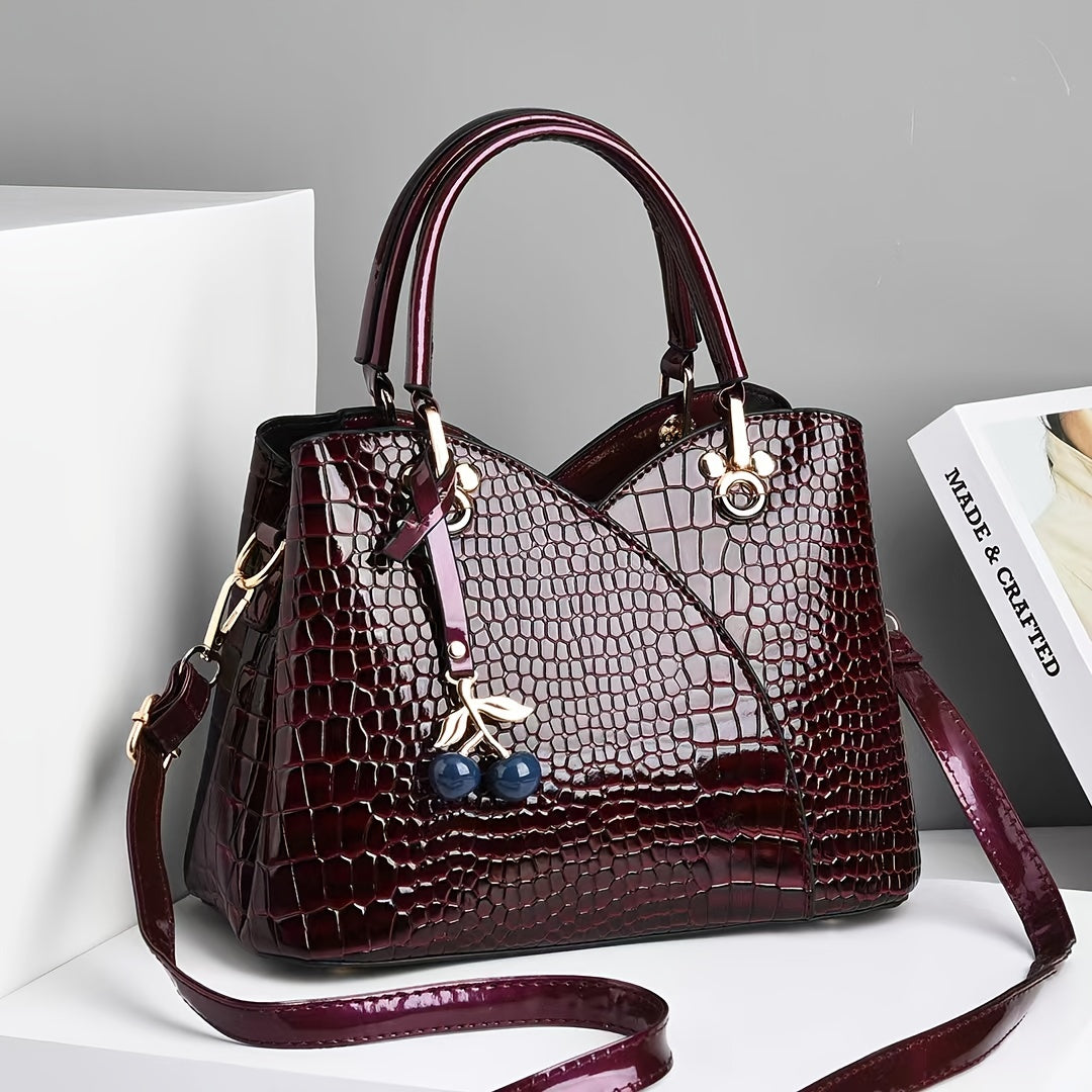 Crocodile Embossed Tote Bag with Cherry Pendant PU Checkered Zipper Closure