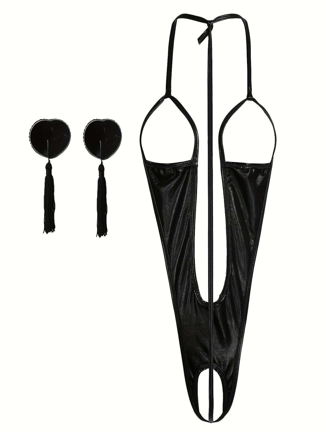 Sexy Glitter PU Leather Teddy with Halter Open Cup and Crotch Lingerie Set