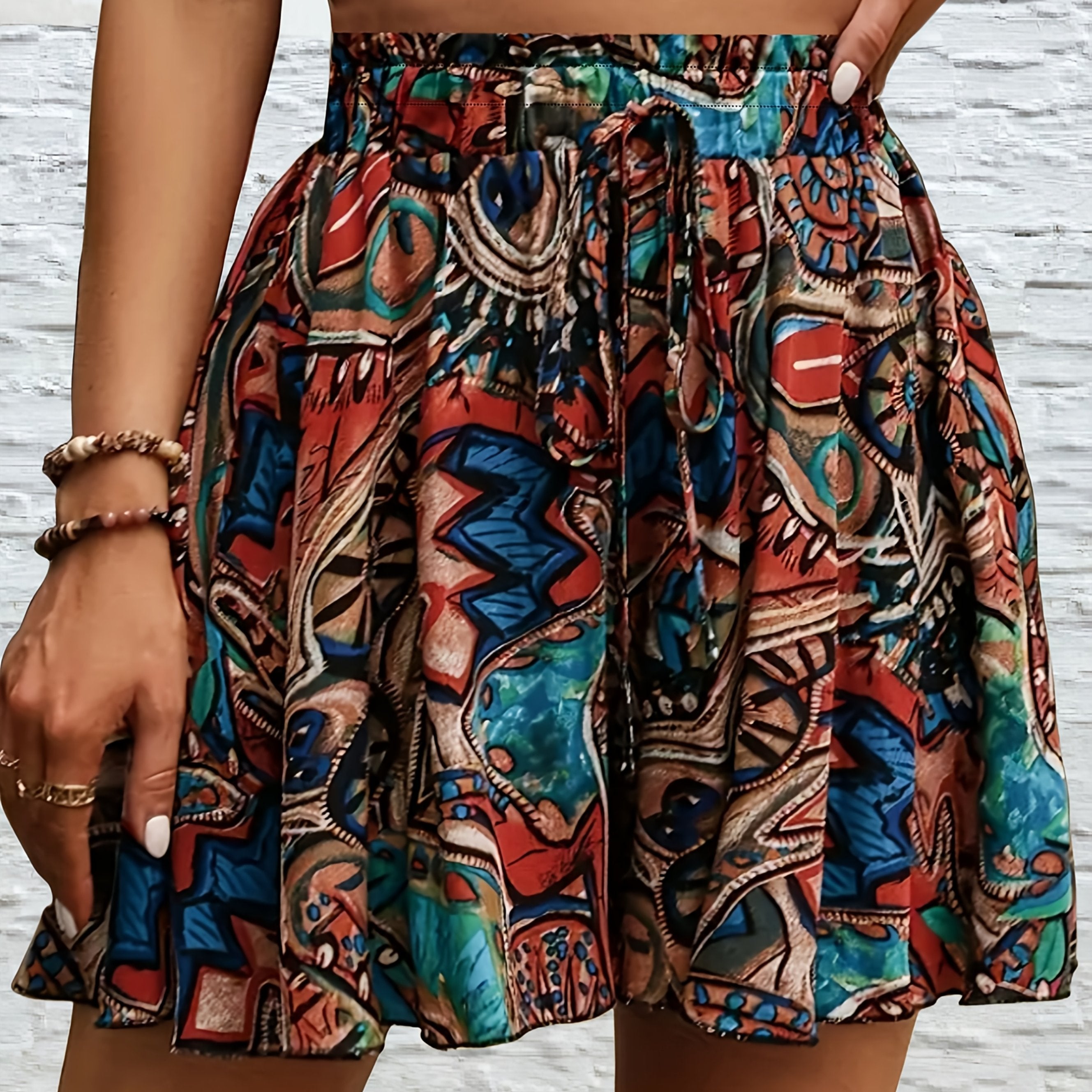 Shorts de verano con cinturilla de lazo y estampado floral de cachemira para mujer