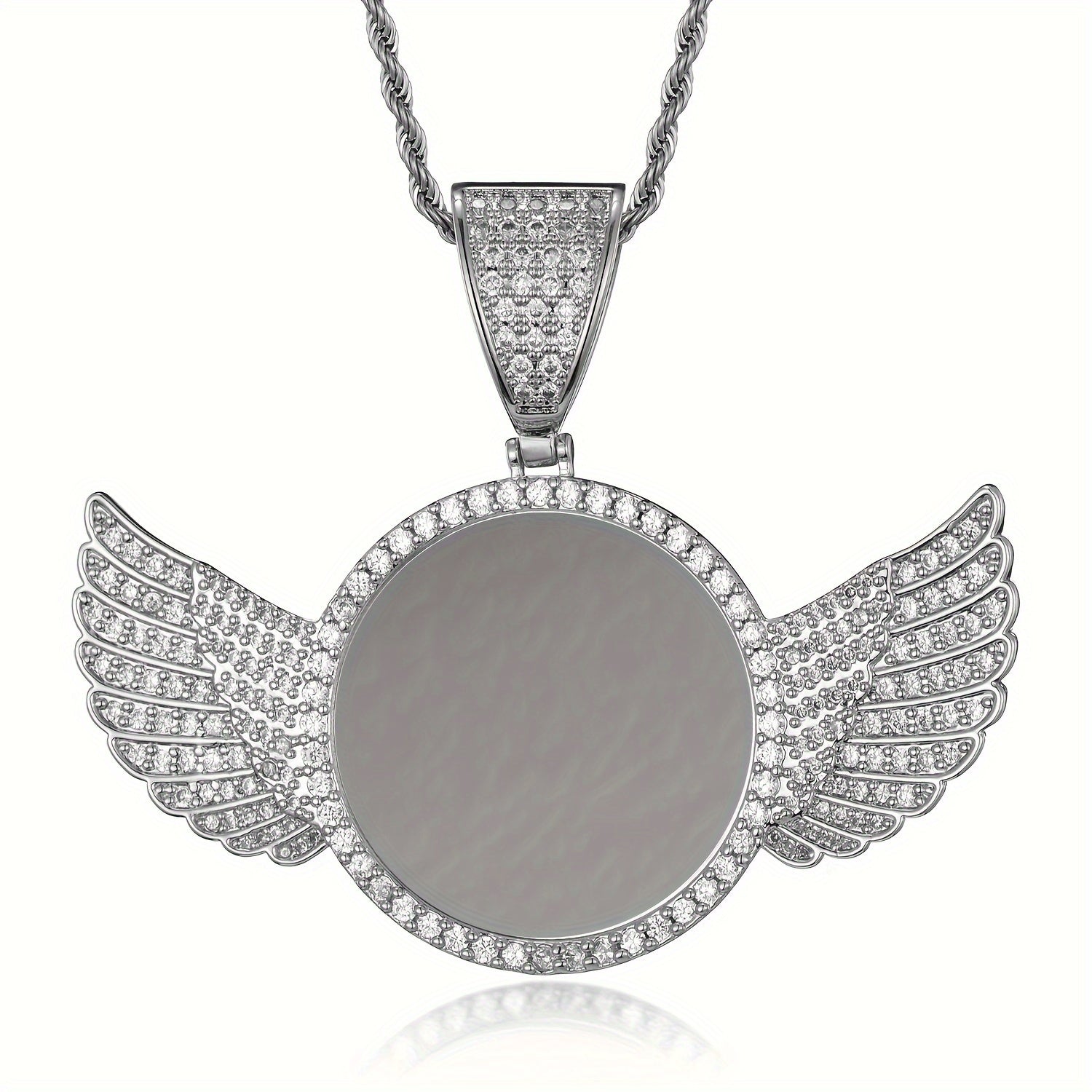 Collar con colgante de foto con baño de oro y zirconia para mujer y hombre con diseño de ala redonda