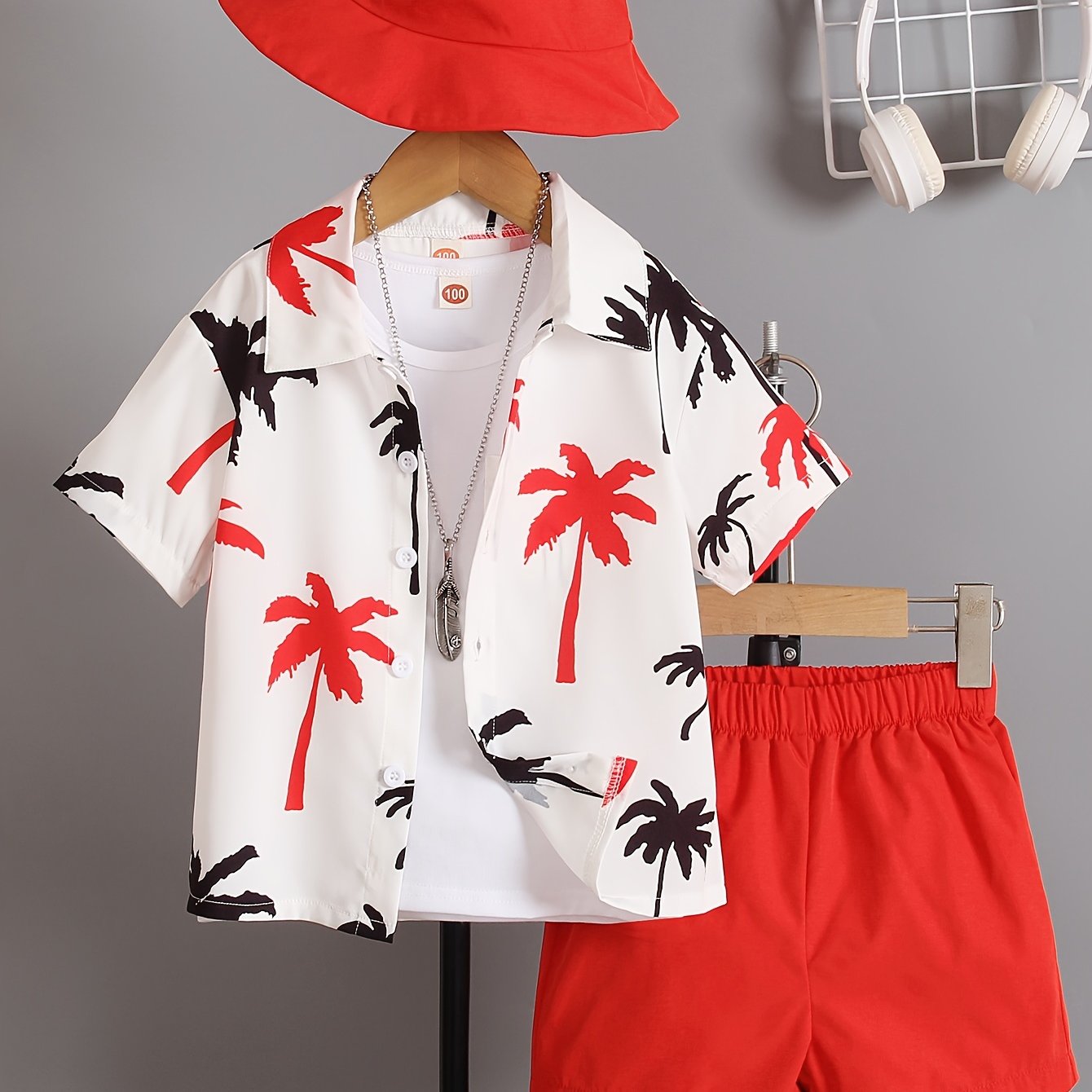 Boys Summer Clothing Set with Coconut Tree Graphic Shirt Shorts Hat for Kids