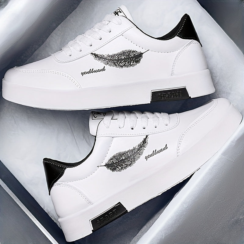 Zapatos de skate para hombre de patrón de plumas de caña baja, casuales, antideslizantes, con cordones