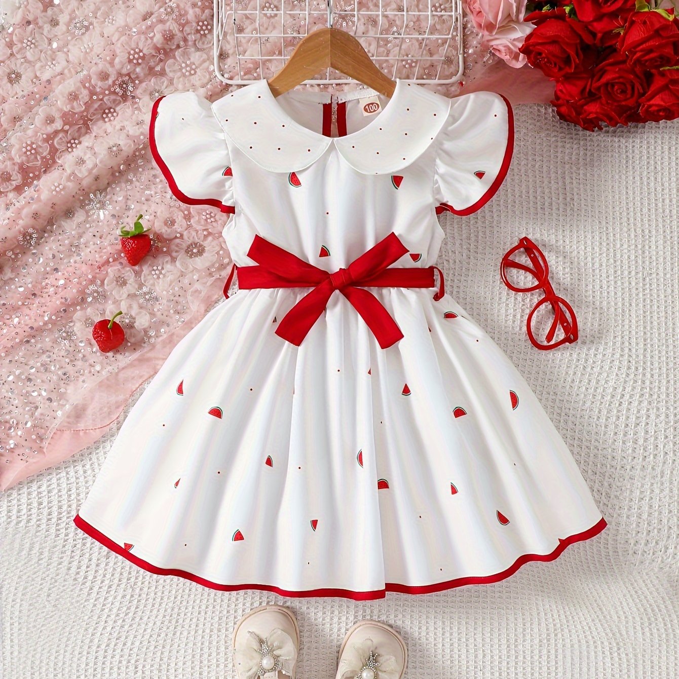 Girls' Summer Dress with Strawberry Print Ruffle Hem Polyester Belt for Children