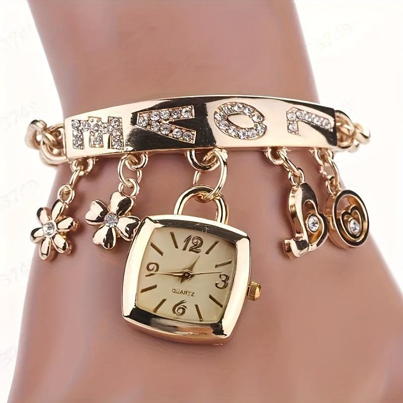 Women's Casual Tonneau Dress Watch with Love Alphabet and Flower Decor Alloy Quartz