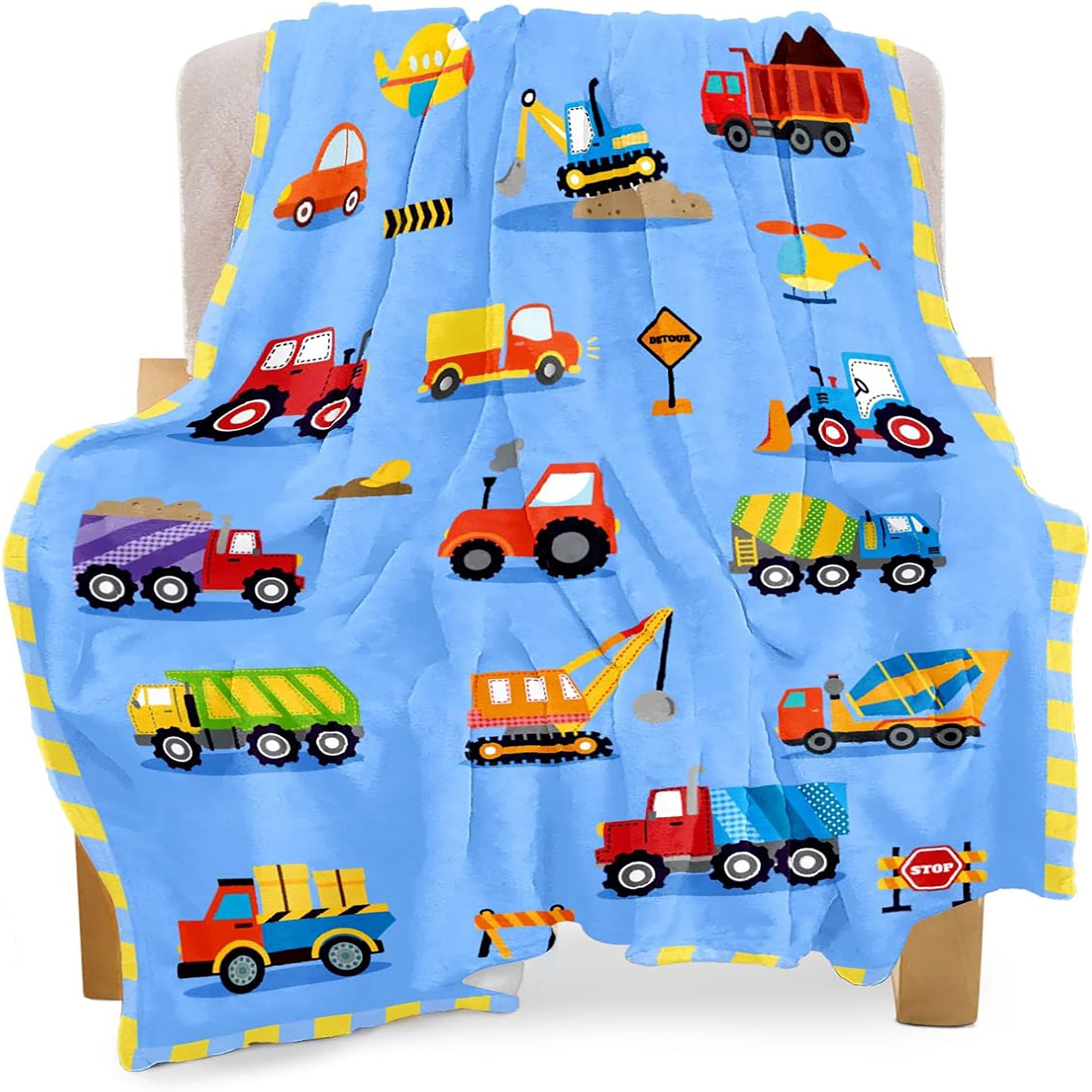 Baby Boys and Girls Lightweight Flannel Velvet Blue Truck Car Blanket 40x50 Inches