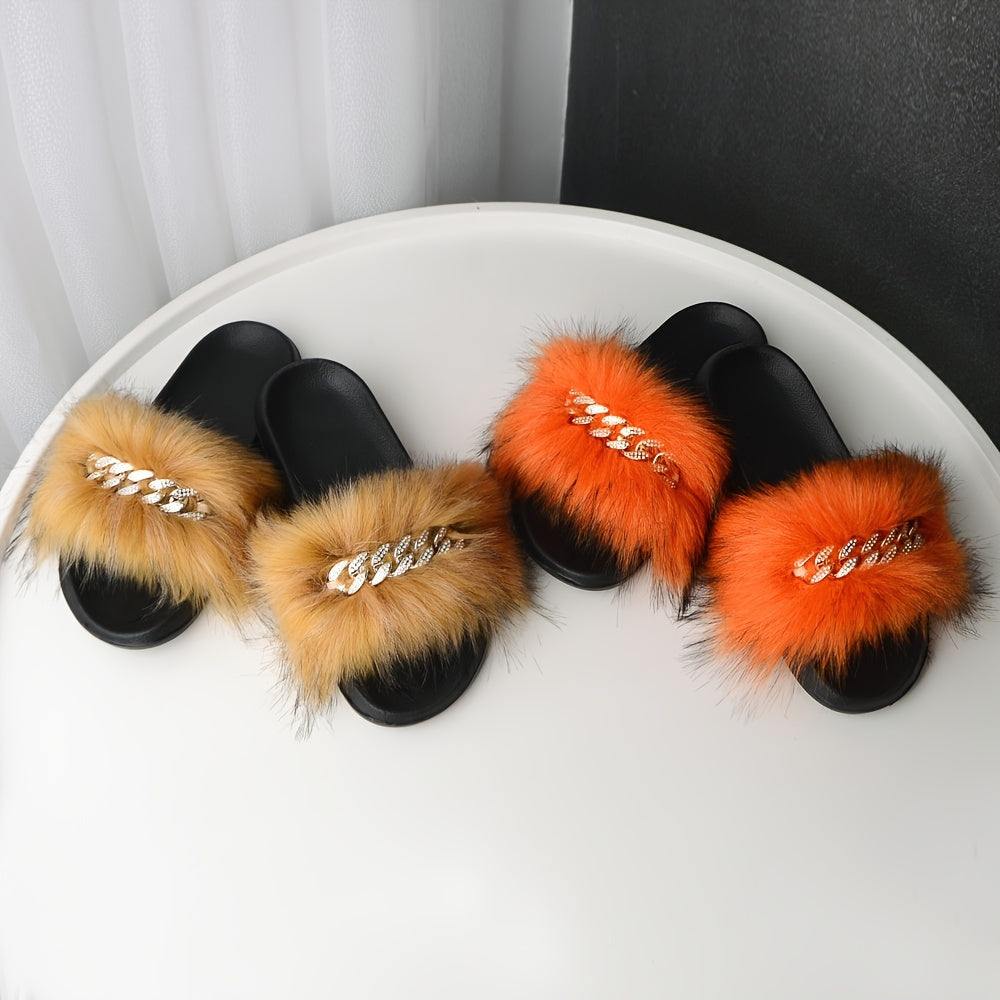 Women's Rhinestone Chain Flat Sandals Faux Fur Summer Casual Slides