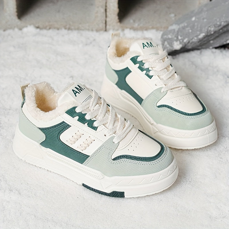 Женские кроссовки с цветными блоками, пушистые, на шнуровке, платформа, теплые зимние скейт-туфли