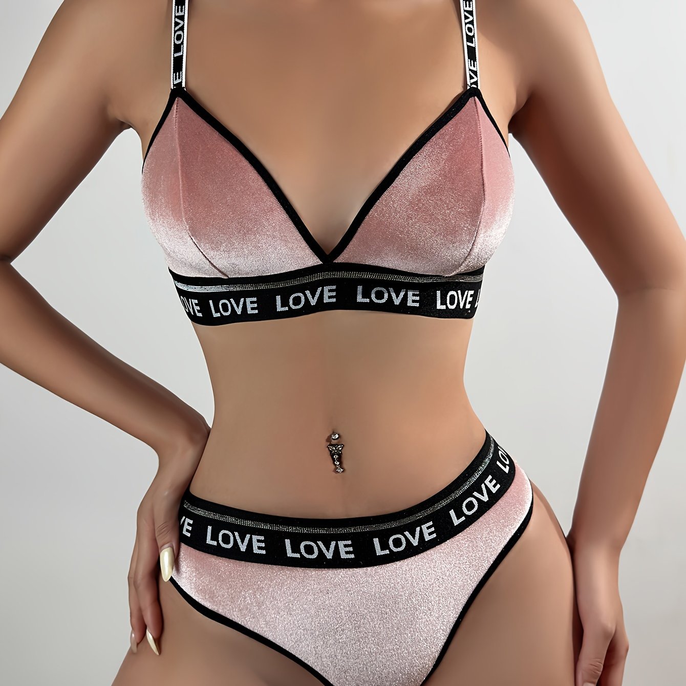Women's Letter Shoulder Strap Bra and Mid-Waist Panty Set Soft Comfortable Lingerie