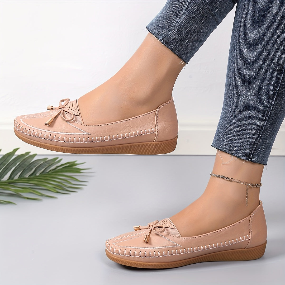 Women's White Faux Leather Slip-On Loafers with Bow Breathable Mesh