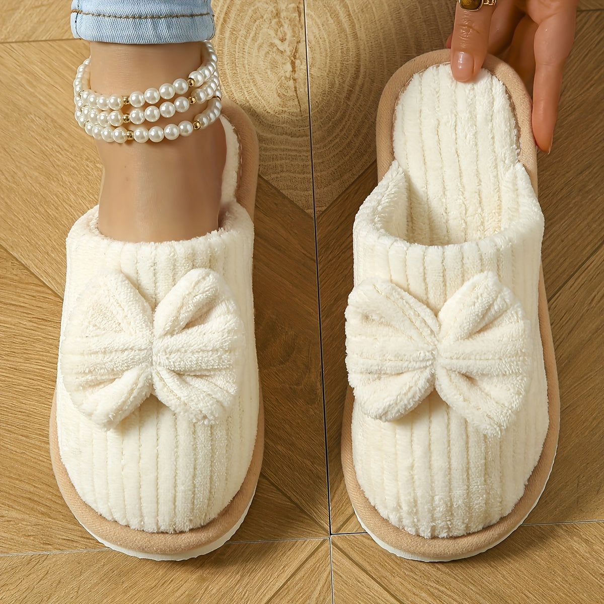 Fuzzy Slippers with Bowknot Soft Sole Fabric Indoor Casual Slip-On for Winter